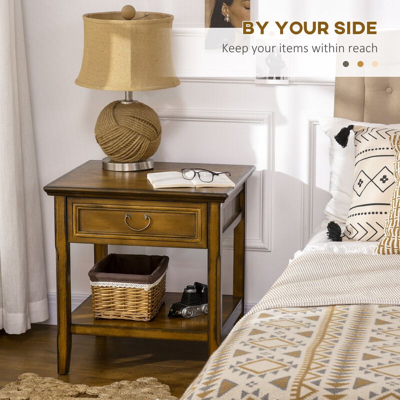 Dark Coffee Side Table: Retro End Table with Drawer & Open Shelf