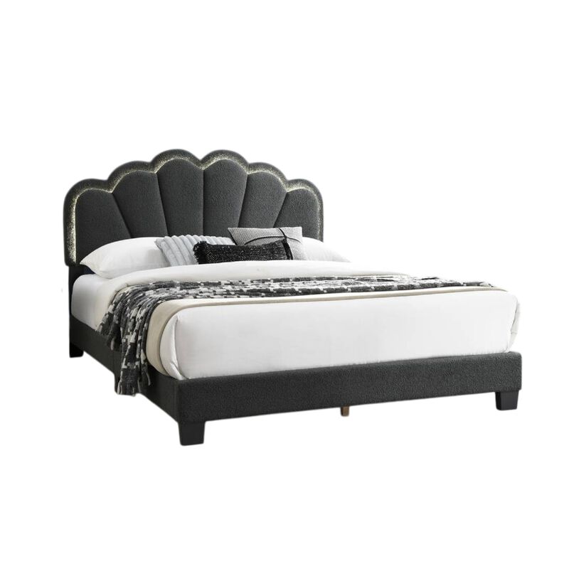 Geny Queen Size Bed, Charcoal Gray Wool Upholstery and LED, Glam Arch - Benzara