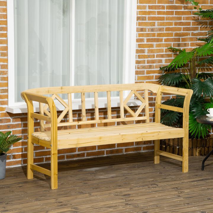 Patio Wooden Bench, Three-seater Outdoor Bench, Loveseat Chair with Stylish Pattern Backrest and Armrests for Yard, Lawn, Porch, Natural