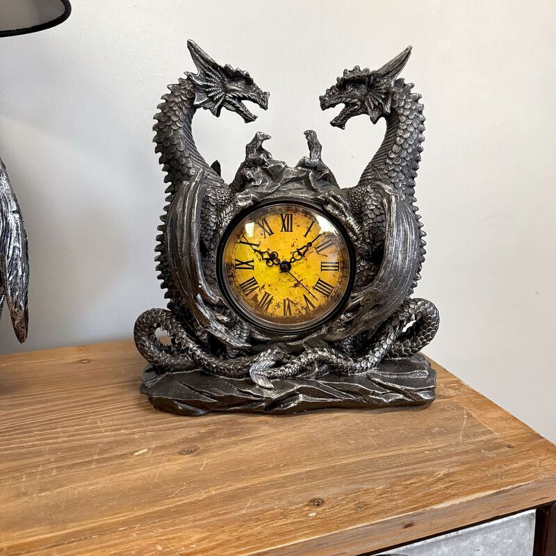 Twin Evil Dragons Antiqued Mantel Clock Table Desk image number 5