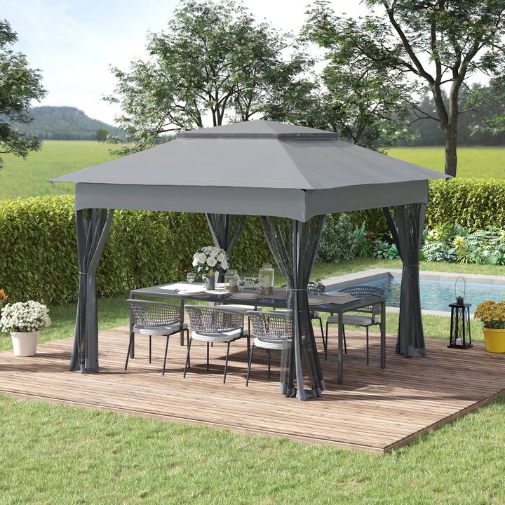 11' x 11' Pop Up Gazebo Outdoor Canopy Shelter with 2-Tier Soft Top and Removable Zipper Netting, Large Shade, Storage Bag for Patio, Grey