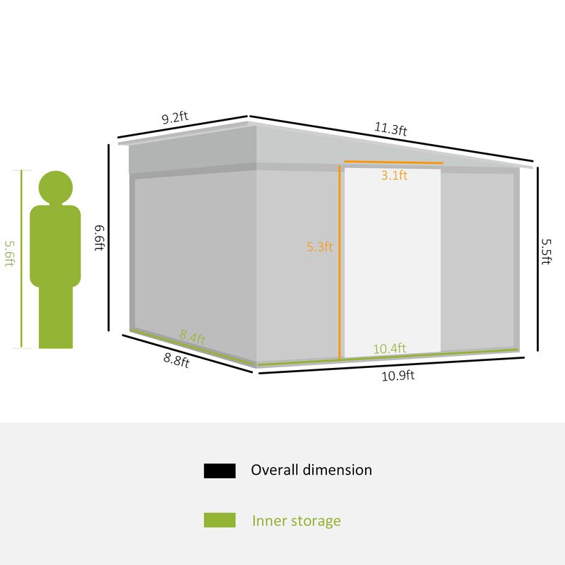 11' x 9' Steel Garden Storage Shed Outdoor Metal Lean To Tool House with Double Sliding Lockable Doors & 2 Air Vents, Grey