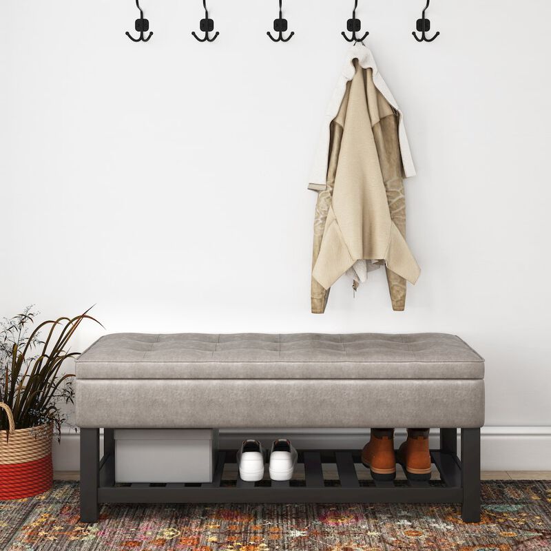 Simpli Home Storage Ottoman Bench With Open Bottom In Distressed Grey Taupe