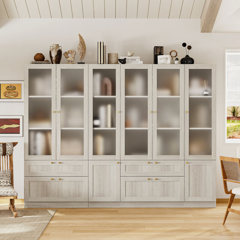 FUFU&GAGA Woodgrain Storage Cabinet with Frosted Glass Doors & Gold Handles, P2 Grade PB Construction, 4 Glass Cabinets, 2 Woodgrain Cabinets & 4 Drawers, Modern Space-Saving Organizer (110.2 x 31.5 x 78.7 in)