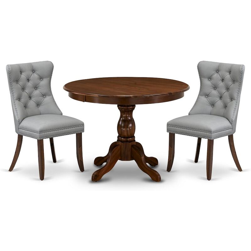 East West Furniture HBDA3-AWA-27 3 Piece Dining Room Table Set Includes a Round Kitchen Table and 2 Upholstered Parson Chairs, 42x42 Inch, Antique Walnut