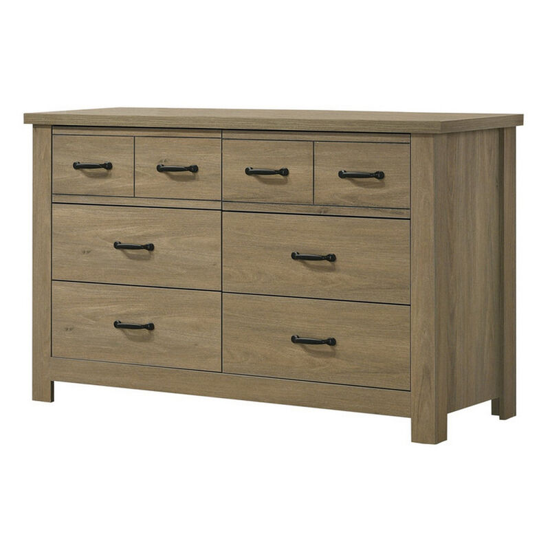 51 Inch Wood Dresser with 6 Drawers and Black Handles, Straight Legs, Gray
