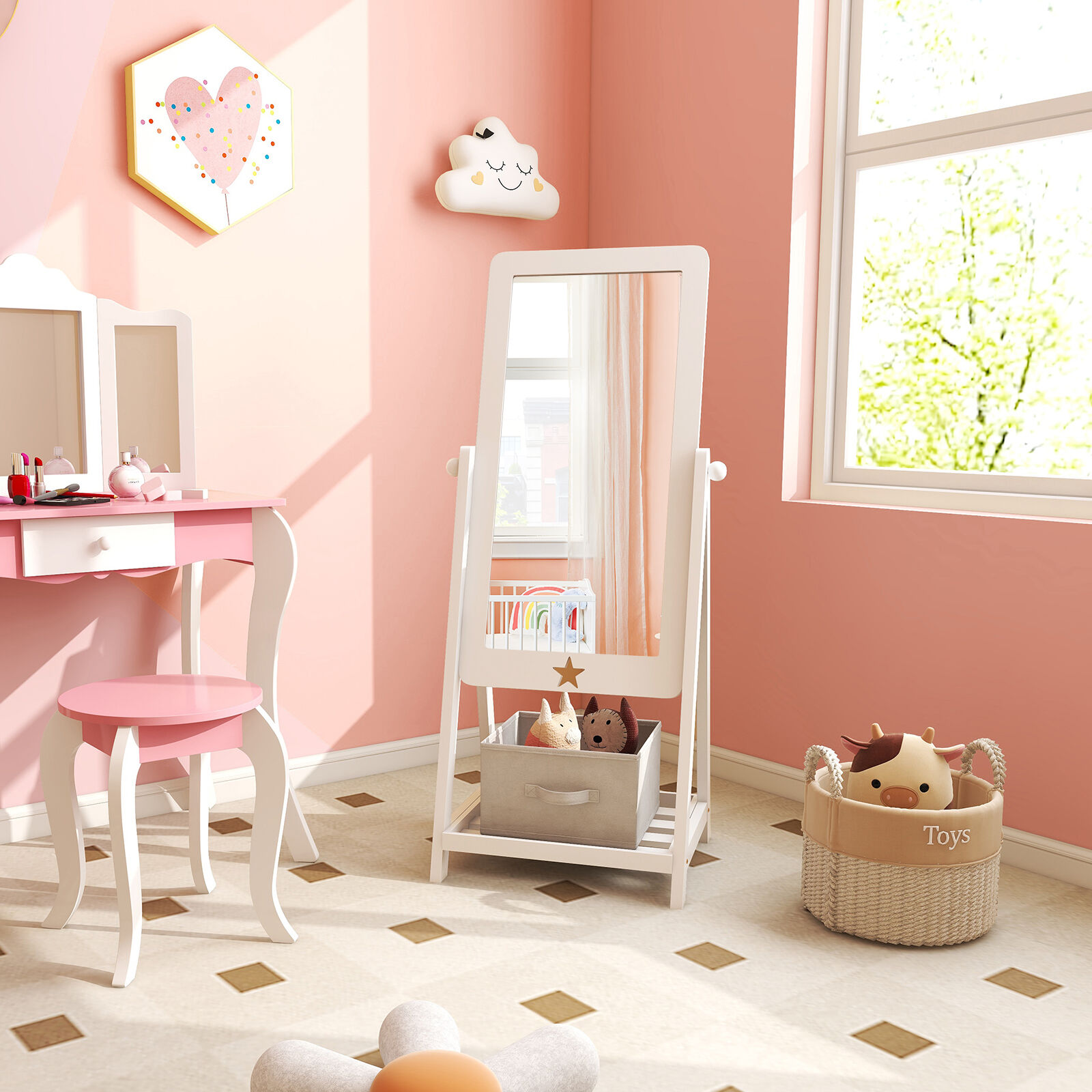 Kids Full Length Wooden Standing Mirror with Bottom Shelf and