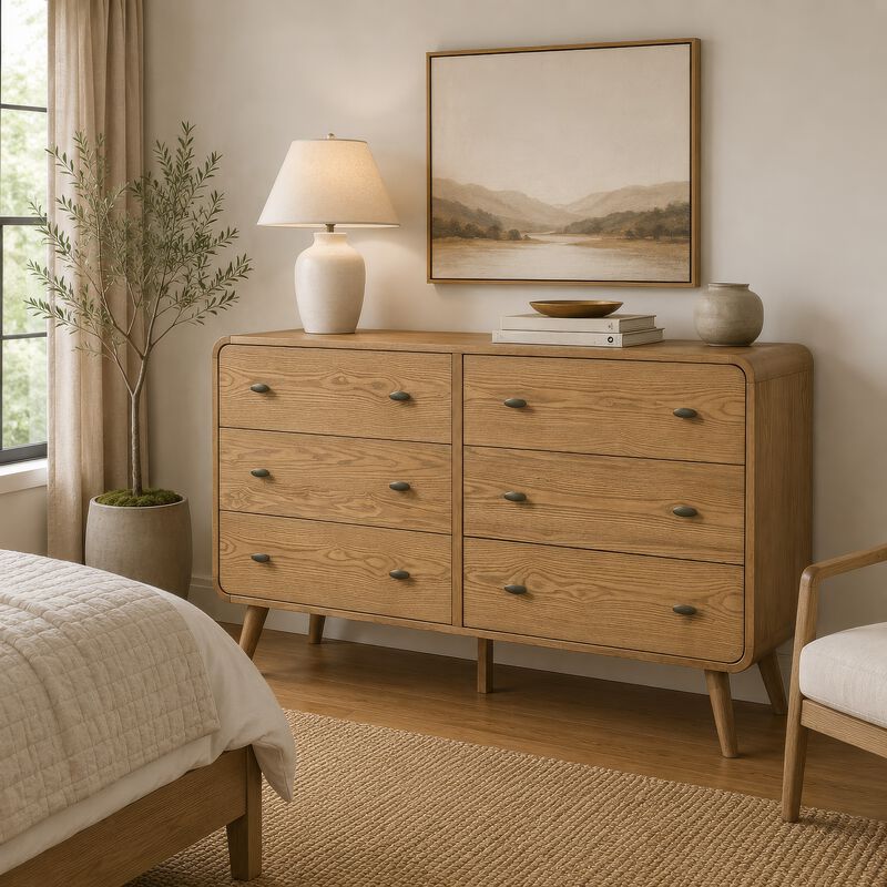 Ryb Wide Dresser with 6 Drawers, Angled Legs, Brown Rubber Wood image number 1