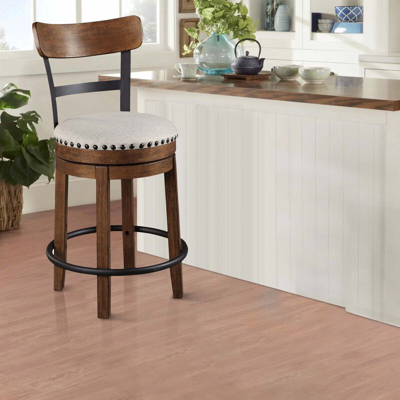 Zane 25 Inch Swivel Counter Height Stool, Round Cushioned Seat, Brown Wood - Benzara