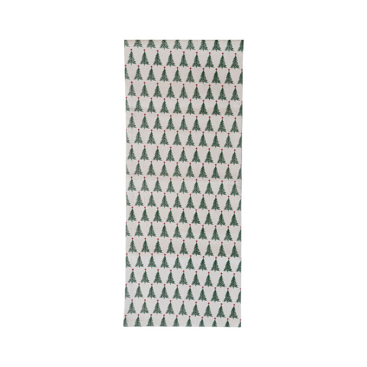 Stonewashed Cotton Printed Table Runner with Christmas Tree Pattern, Natural, Green and Red