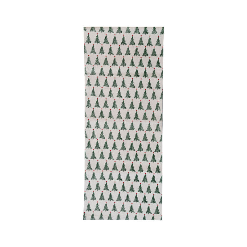 Stonewashed Cotton Printed Table Runner with Christmas Tree Pattern, Natural, Green and Red image number 0
