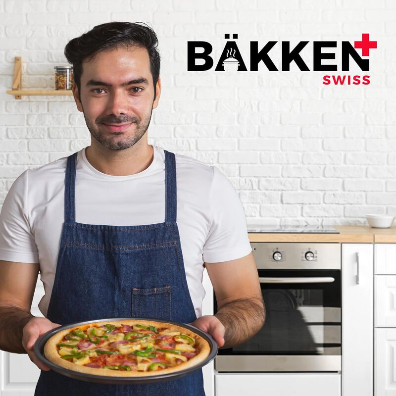BAKKENMASTER Bakken- Swiss Non-Stick Pizza Pan with Holes - 13-Inch Perforated Pizza Crisper Carbon Steel Pizza Pan - 2 Round Pizza Trays - PFOA PFOS and PTFE Free
