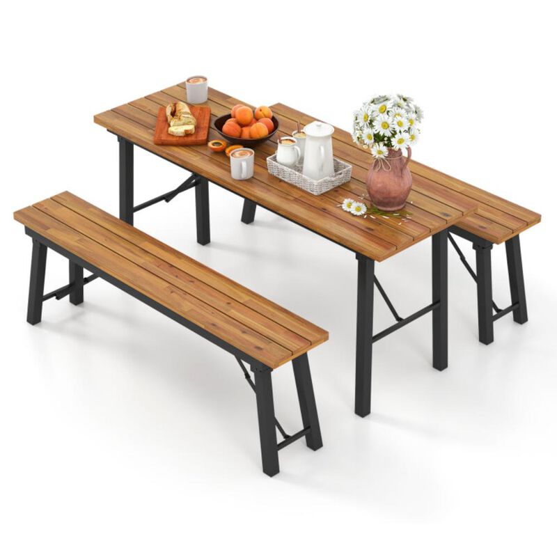 Hivvago Outdoor Dining Table and Bench Set with Acacia Wood Top for Yard Garden Poolside
