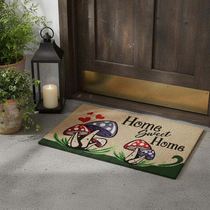HomeRoots 18" X 30" Beige and Black Coir Mushrooms Home Sweet Home Outdoor Door Mat
