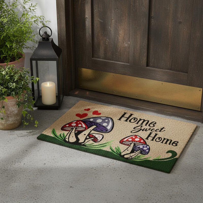 HomeRoots 18" X 30" Beige and Black Coir Mushrooms Home Sweet Home Outdoor Door Mat image number 1