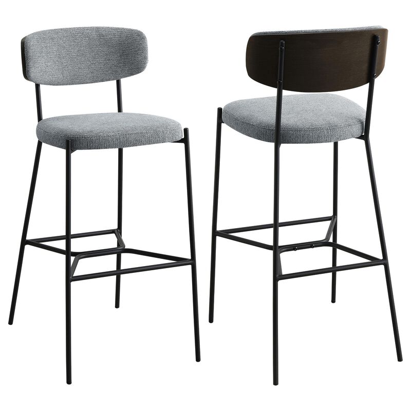 Ellina Pub Height Bar Chair Set of 2, Gray Fabric, Black Metal 30 Inch - Benzara