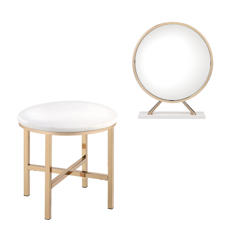 HomeRoots Set of Two Gold Metal And Faux Leather Round Freestanding Makeup Mirror And Stool image number 0