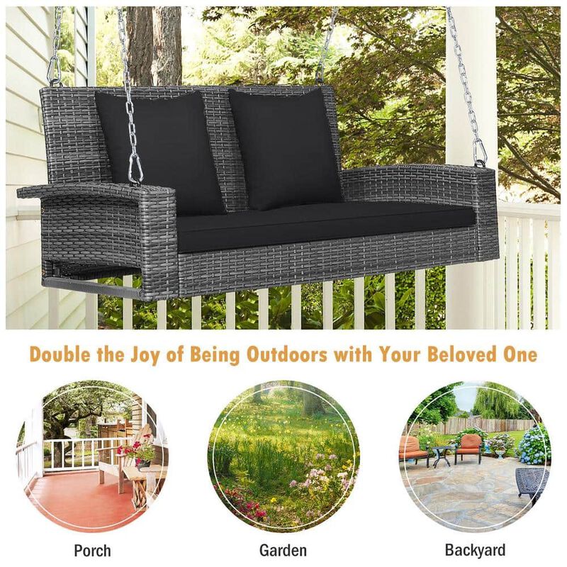 Mondawe 2-Person Patio PE Wicker Hanging Porch Swing Bench Chair Cushion 800 Pounds