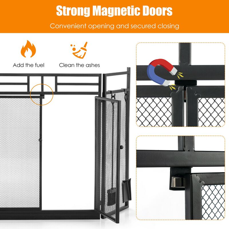 3-Panel Folding Wrought Iron Fireplace Screen with Doors and 4 Pieces Tools Set-Black image number 3