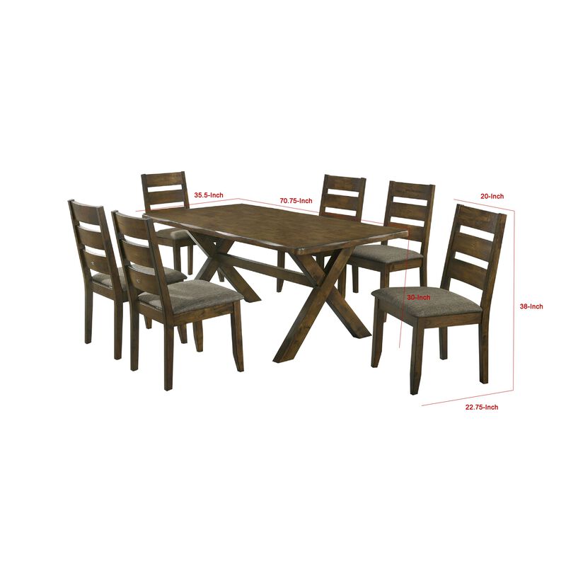 Siny 7pc Dining Table Set, Nutmeg Brown Finish, 6 Padded Side Chairs - Benzara