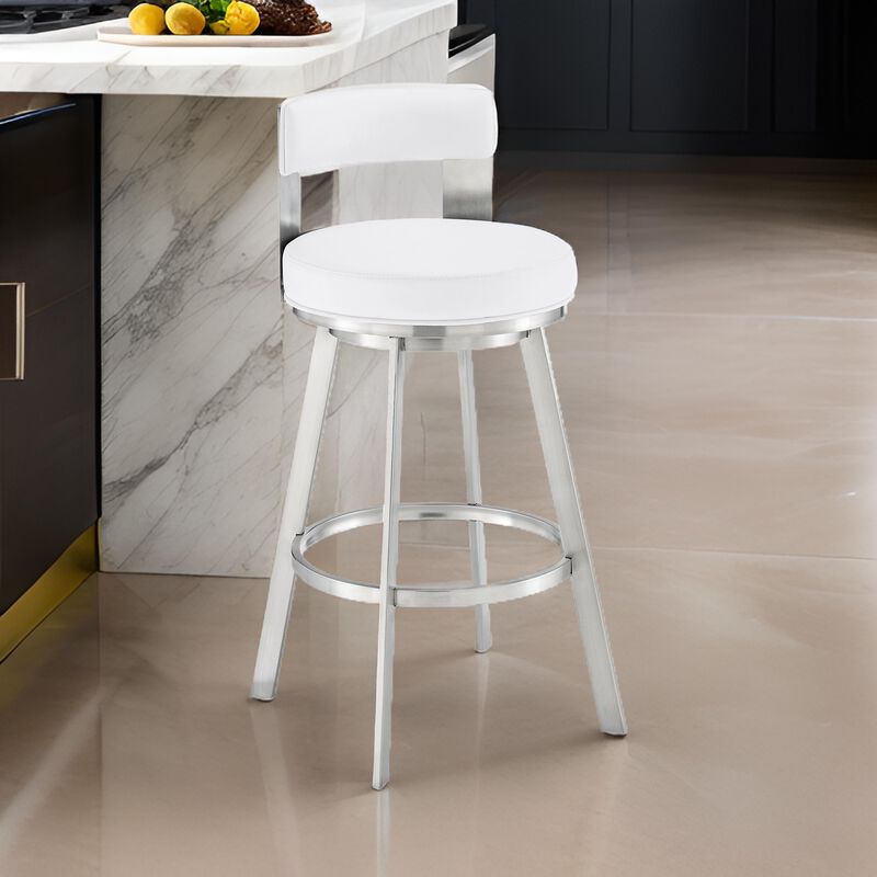 Ami 30 Inch Swivel Barstool Chair, White Faux Leather, Stainless Steel - Benzara
