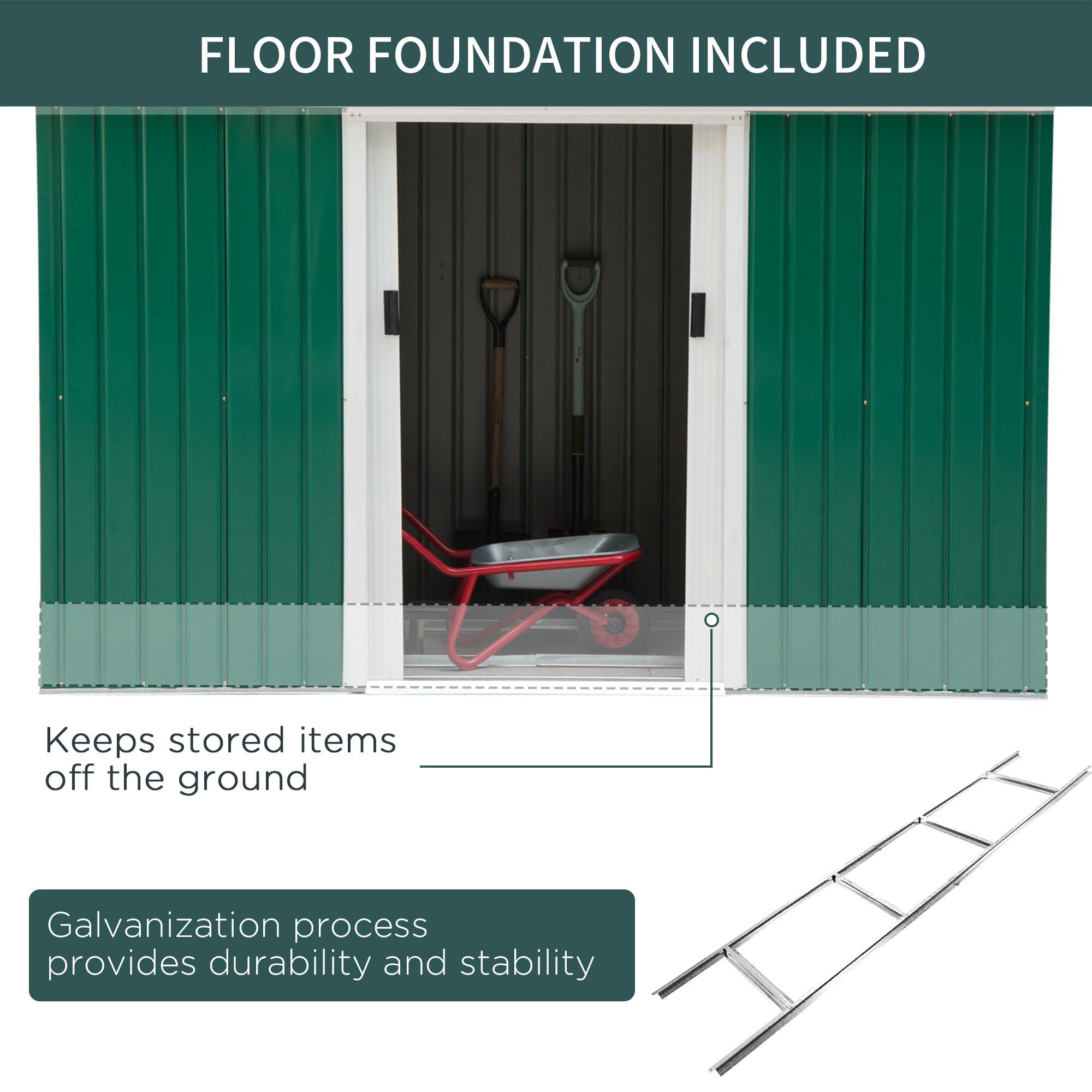 Rust-Proof Garden House: 9'x4.5'x5.5' Green/White Vented Metal Shed