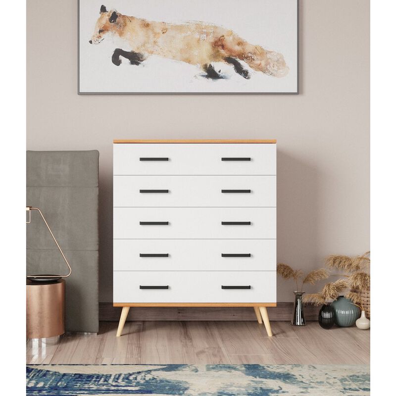 Eli Mid-Century Modern 5 Drawer Chest in Walnut & White Color
