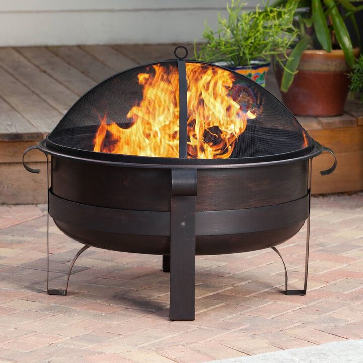 Hivvago Heavy Duty 34-inch Fire Pit Deep Steel Cauldron with Screen and Stand