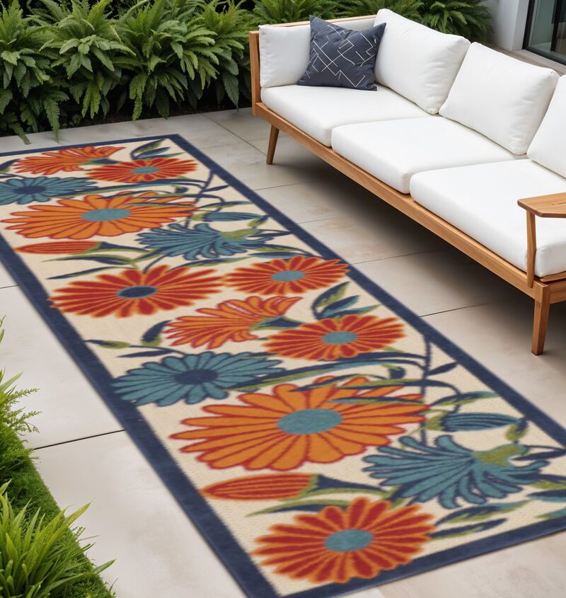 HomeRoots 8' Ivory Blue And Orange Floral Indoor Outdoor Runner Rug image number 1