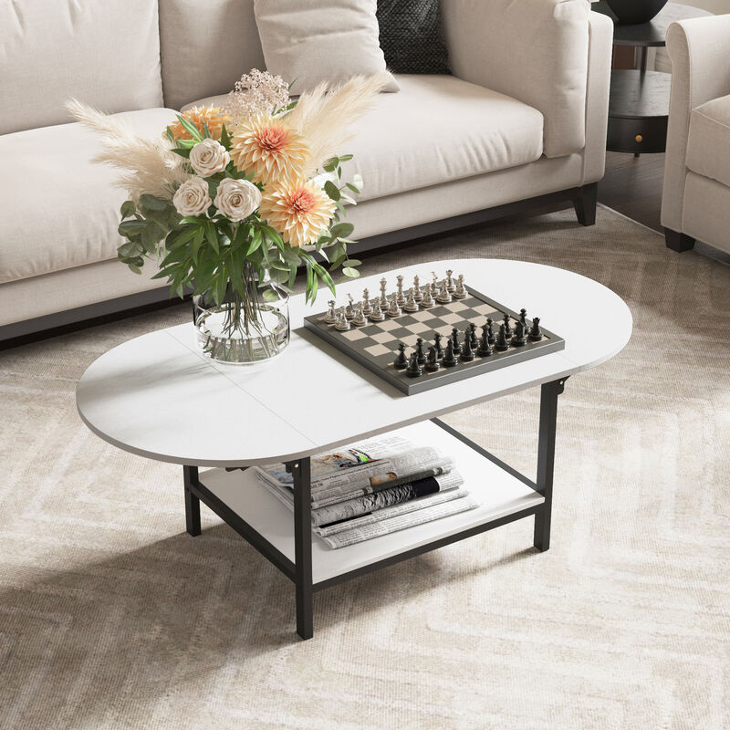 FUFU&GAGA Modern Coffee Table with Foldable Top and Lower Shelf, Metal Tube Legs (47.2 in. W x 23.6 in. D x 17.7 in. H), Black