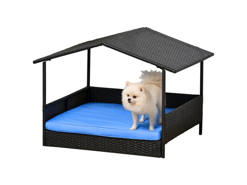 Blue Pet Lounger: Elevated Wicker Dog House with Removable Cushion