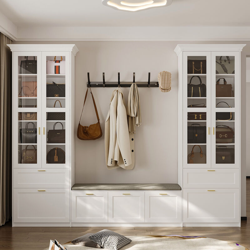 FUFU&GAGA Grand Wardrobe with Glass Doors, Soft Matte Finish, P2 MDF Construction, Gold Handles & Cushioned Nook (122"W x 97"H x 15.7"D),White