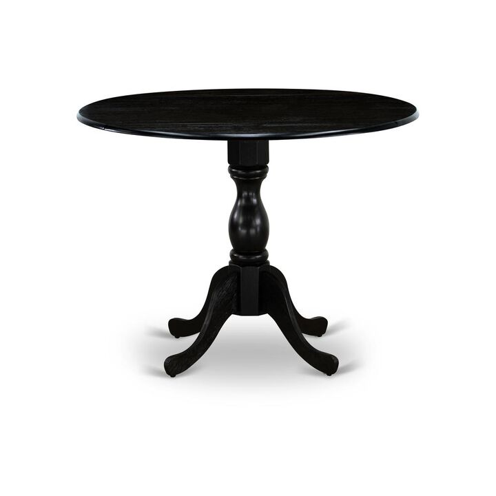 Round wood table Wire Brushed Black Color Table Top Surface and Asian Wood Drops Leave Kitchen table with Pedestal Legs - Wire Brushed Black Finish
