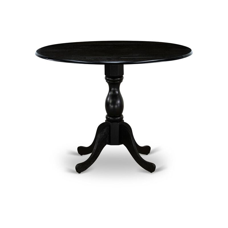 Round wood table Wire Brushed Black Color Table Top Surface and Asian Wood Drops Leave Kitchen table with Pedestal Legs - Wire Brushed Black Finish