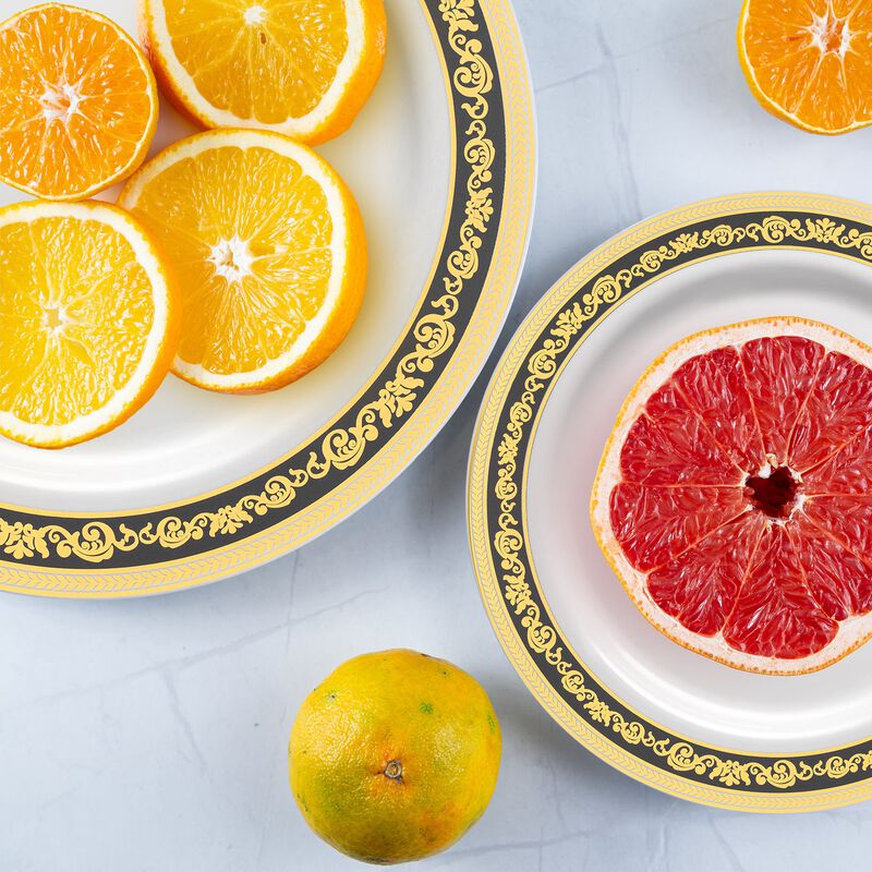 White with Black and Gold Royal Rim Plastic Dinnerware Value Set (40 Sets) image number 8