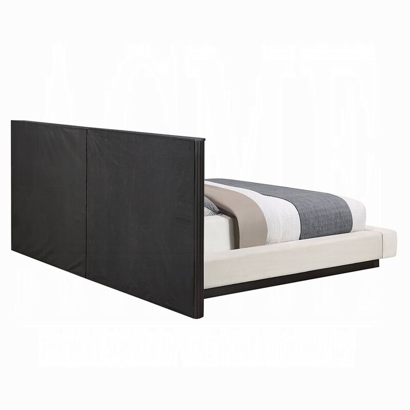Jeh King Low Platform Bed, Fluted Headboard, Beige Linen, Espresso Brown image number 4
