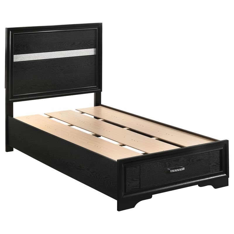 Vino 4pc Twin Bedroom Set, Storage Footboard, Black, Glitter Stripes