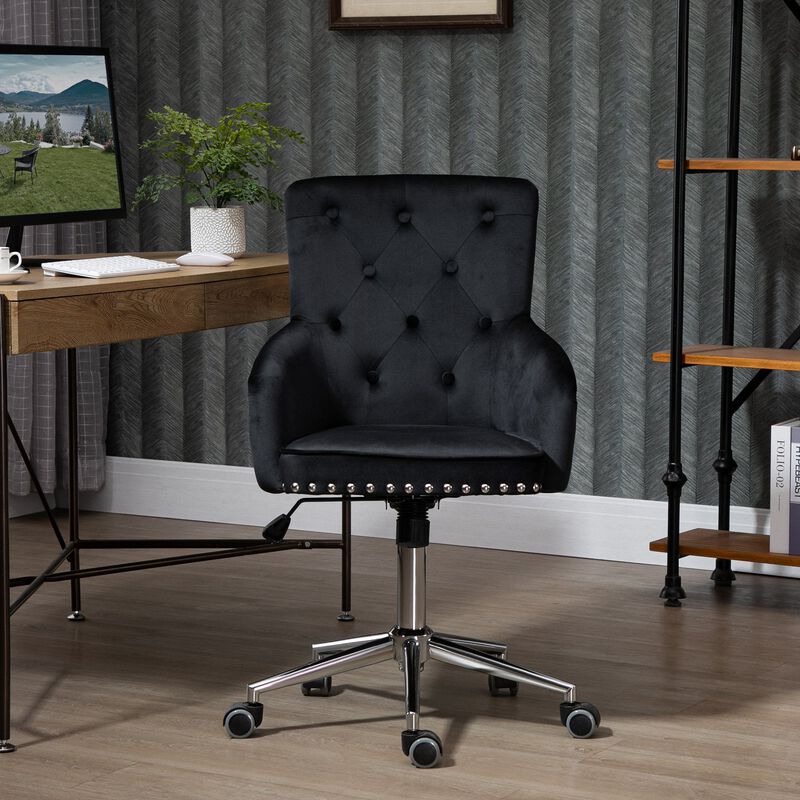 Black Tufted Task Chair: Mid-Back Office Chair with Nailhead Trim