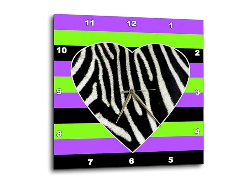 Punk Rockabilly Zebra Heart Purple Green Wall Clock 10 Inch Black Home Decor
