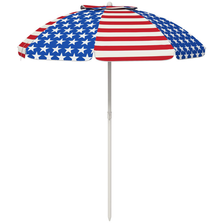 Outsunny 5.7' Portable Beach Umbrella with Tilt, Outdoor Umbrella with Vented Canopy, Flounce, American National Flag Pattern
