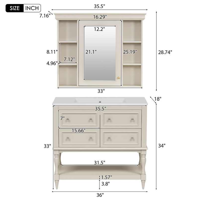Merax Bathroom Vanity Set with Ceramic Sink & Mirror Cabinet image number 6