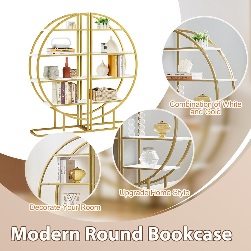 4 Tiers Home Office Open Bookshelf, Round Shaped, Different Placement Ways, MDF Board, Gold Metal Frame, White