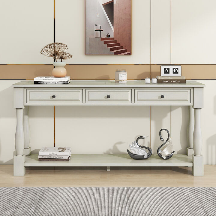 Whisen Mediterranean Style Rectangle Wood Long Console Table with Drawers and Shelf - Antique White