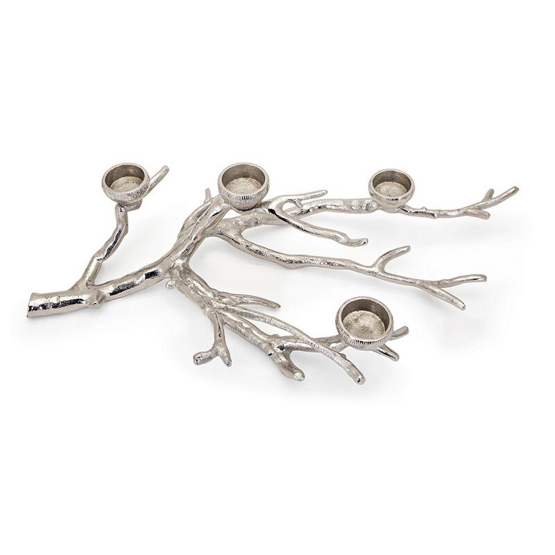 23 Inch Metal Tea Light Holder, Tree Branch Design, 4 Candle Slots, Silver - Benzara