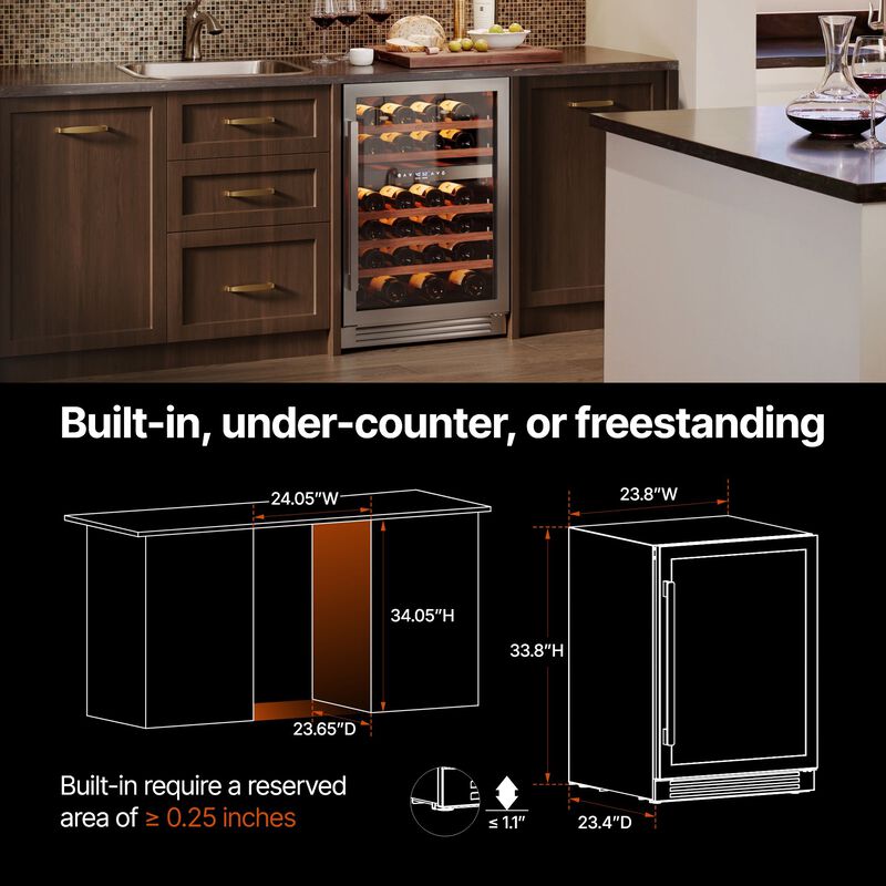 Wine Fridge 24 Inch 52 Bottle Wine Refrigerator, 40-65&deg;F Dual Zone Wine cooler,3 Color LED,Built-in for Home/Bar image number 4