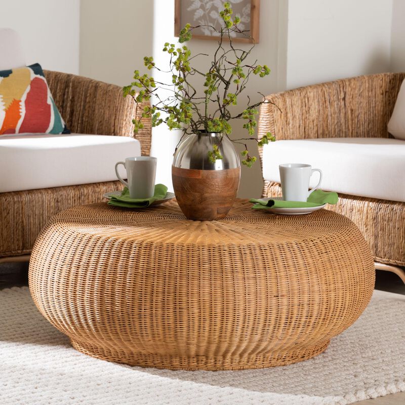 bali & pari Beatriz Natural Rattan Coffee Table : Handwoven Wicker Accent Table with Sculptural Drum Silhouette and Round Tabletop for Living Room or Sunroom image number 4