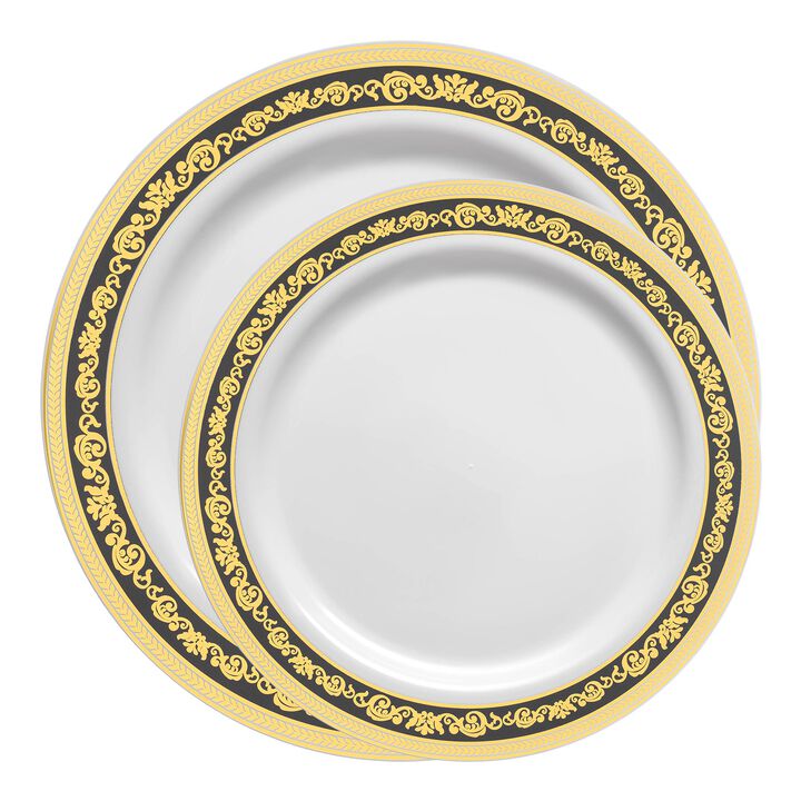 White with Black and Gold Royal Rim Plastic Dinnerware Value Set (40 Sets)