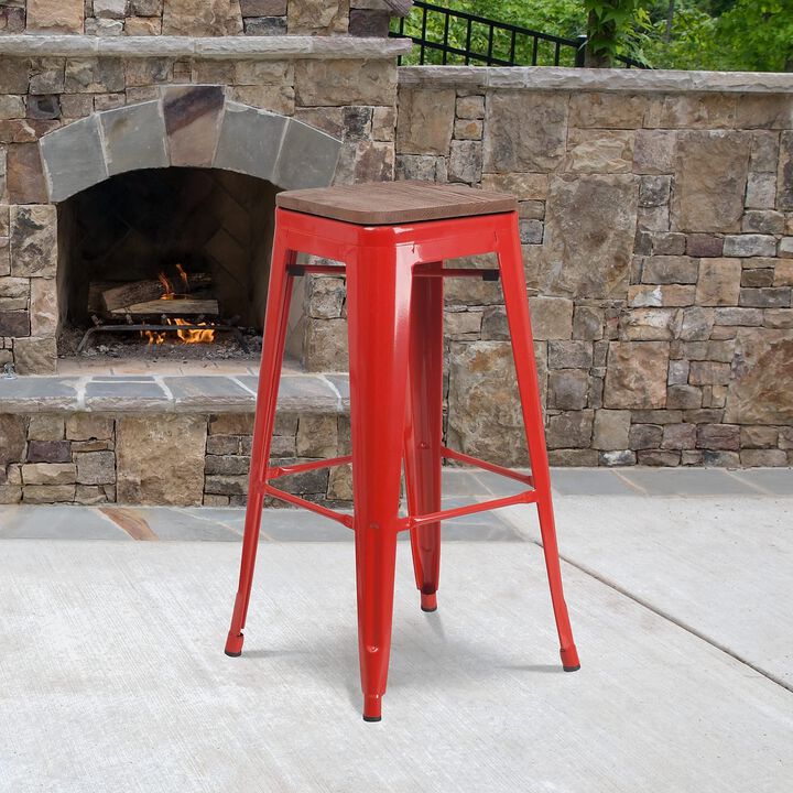 Flash Furniture Lily 30" High Backless Red Metal Barstool with Square Wood Seat