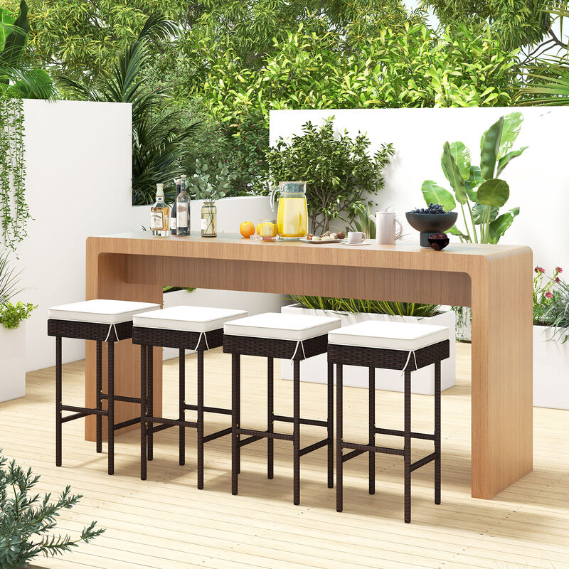 Patio Rattan Barstools Set of 4 with Footrest and Soft Cushions for Backyard Balcony