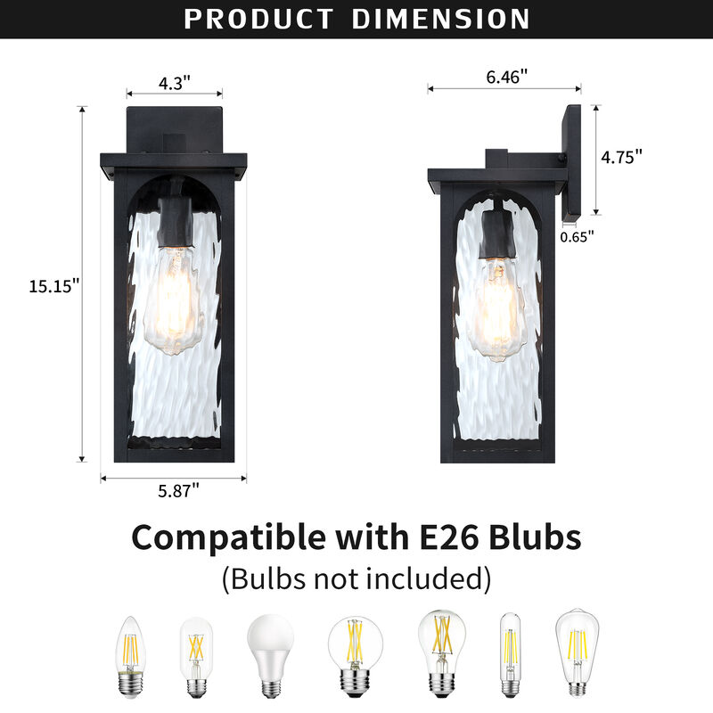 15" Modern Industrial Sand Black 1-Light Dimmable Outdoor Wall Lantern with Water-Ripple Glass image number 2